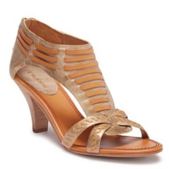 TRASK Hannah Gold Metallic Leather Huarache Look Heels Size 9.5 - Picture 1 of 8